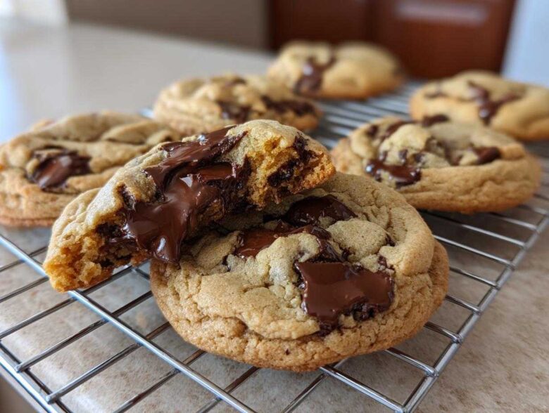 Close-up of a broken brown butter chocolate chip cookie showing melted chocolate lava, resting on a cooling rack with more cookies behind.