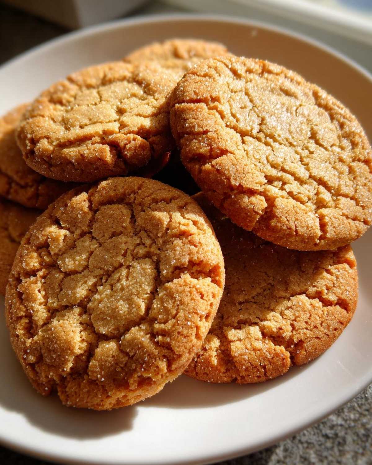 Close-up of several crinkled brown butter sugar cookies, coated in granulated sugar, stacked on a white plate.