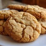 A close-up stack of soft, crinkly brown butter sugar cookies coated in granulated sugar, resting on a white plate.