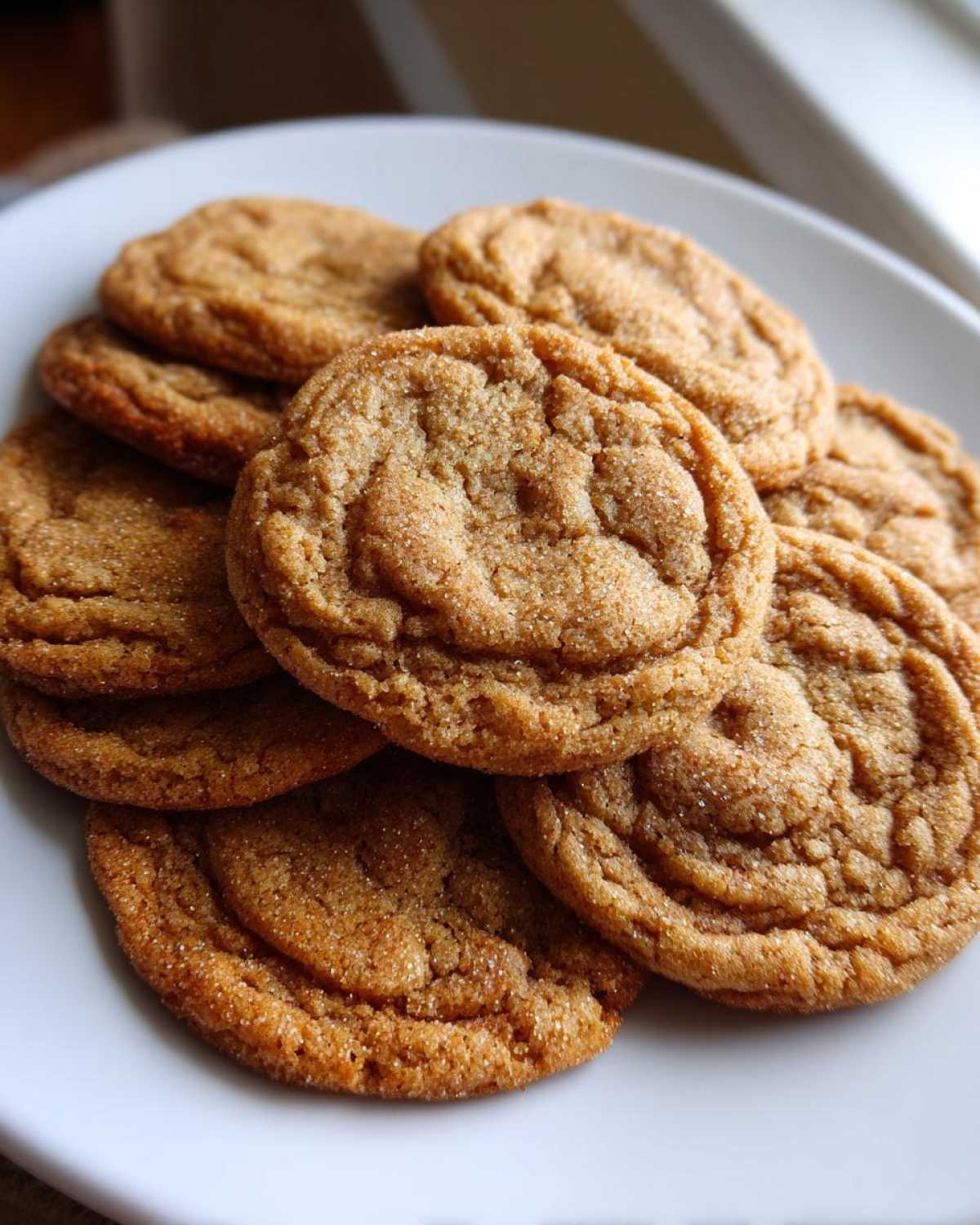 A close-up of several chewy brown butter sugar cookies piled on a white plate, showing their crinkled tops dusted with sugar.