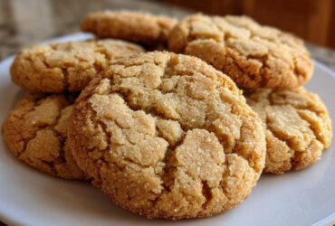 A close-up stack of soft, crinkly brown butter sugar cookies coated in granulated sugar, resting on a white plate.