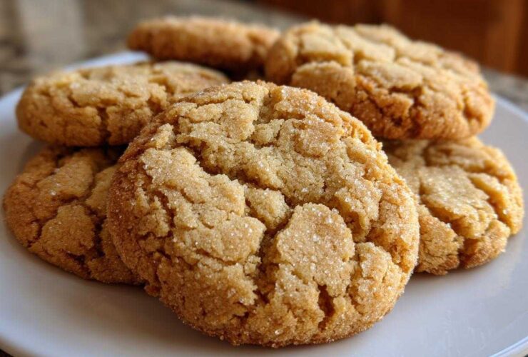 A close-up stack of soft, crinkly brown butter sugar cookies coated in granulated sugar, resting on a white plate.