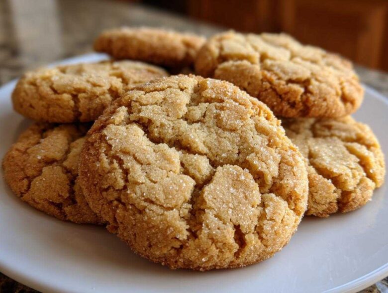 A close-up stack of soft, crinkly brown butter sugar cookies coated in granulated sugar, resting on a white plate.