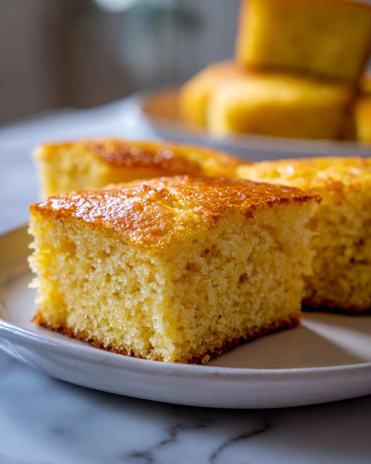 Close-up of a moist, square slice of golden buttermilk cornbread with a slightly browned top.