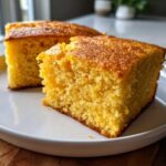 Close-up of two golden slices of moist buttermilk cornbread on a white plate.
