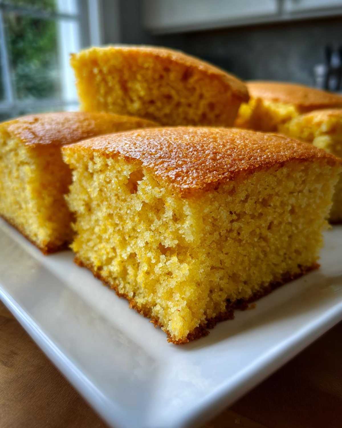 Close-up of fluffy, golden squares of buttermilk cornbread stacked on a white plate.