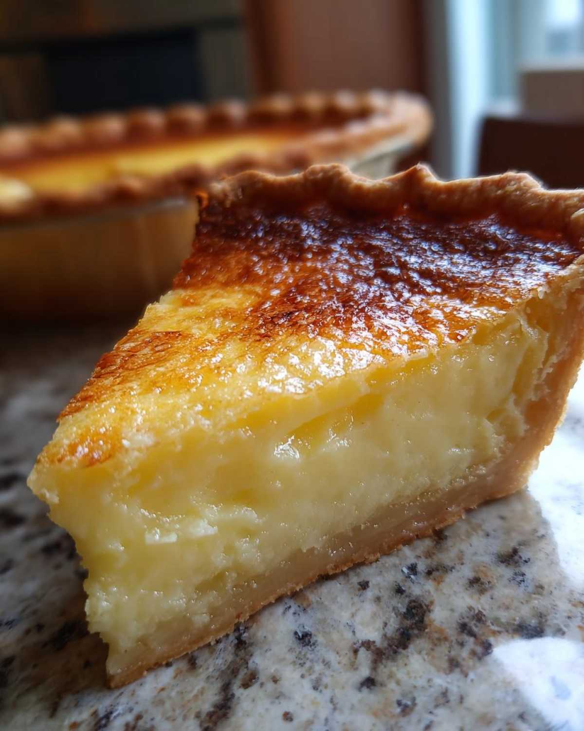 Close-up of a slice of classic buttermilk pie showing the creamy filling and deeply browned top crust.