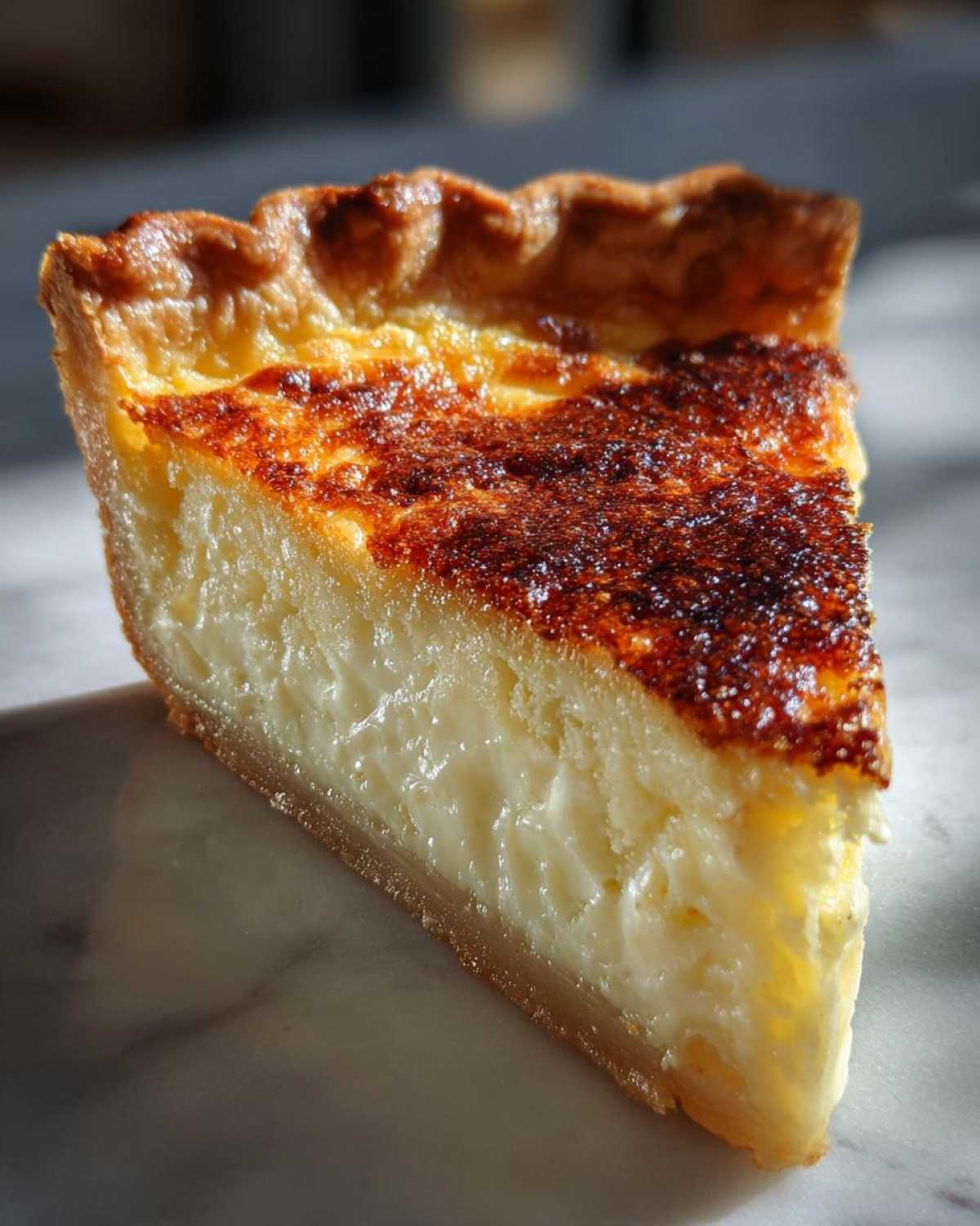 A close-up slice of classic buttermilk pie showing the creamy filling and caramelized top crust.