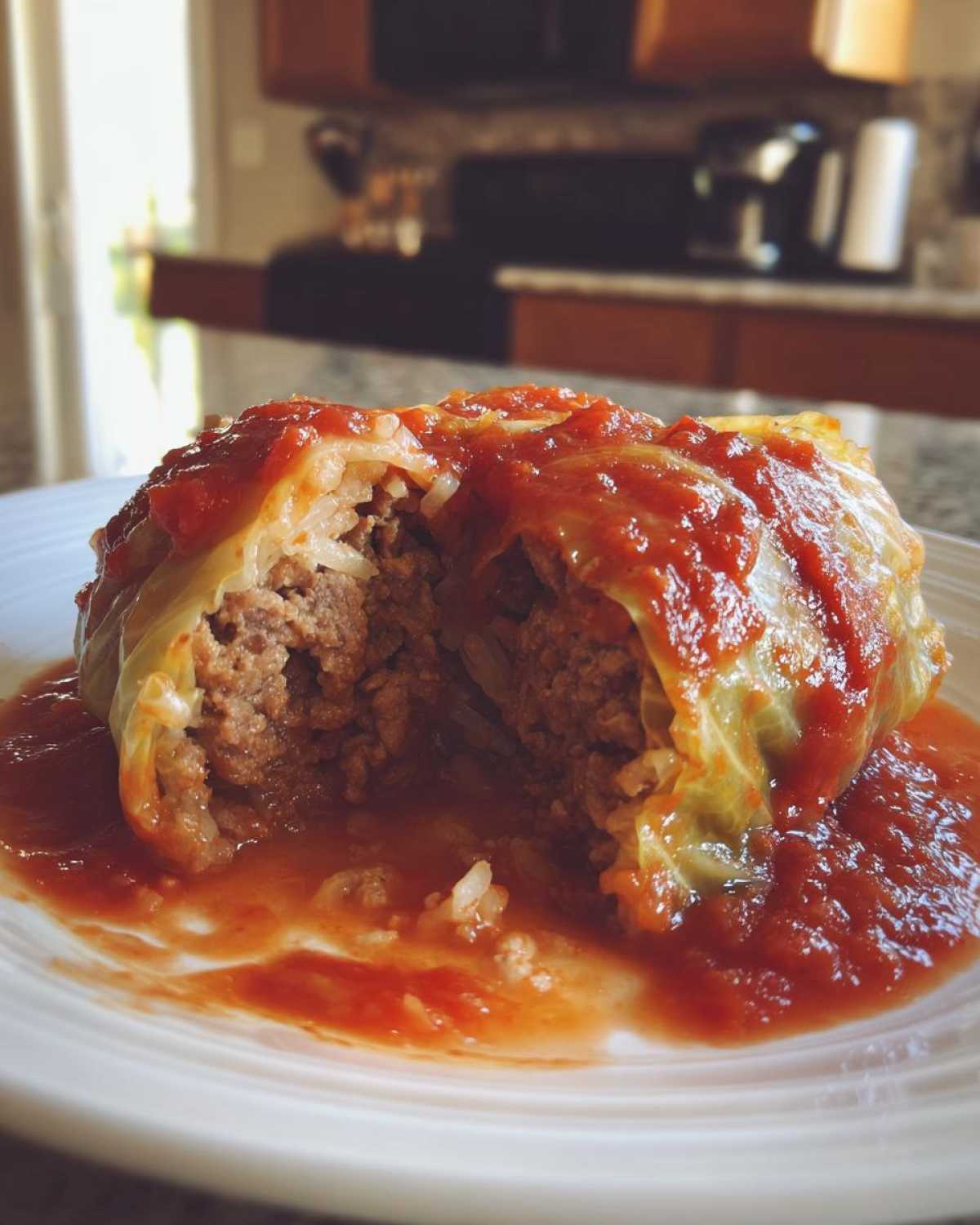 A close-up of a cabbage roll cut in half, showing the ground meat and rice filling, smothered in red tomato sauce.
