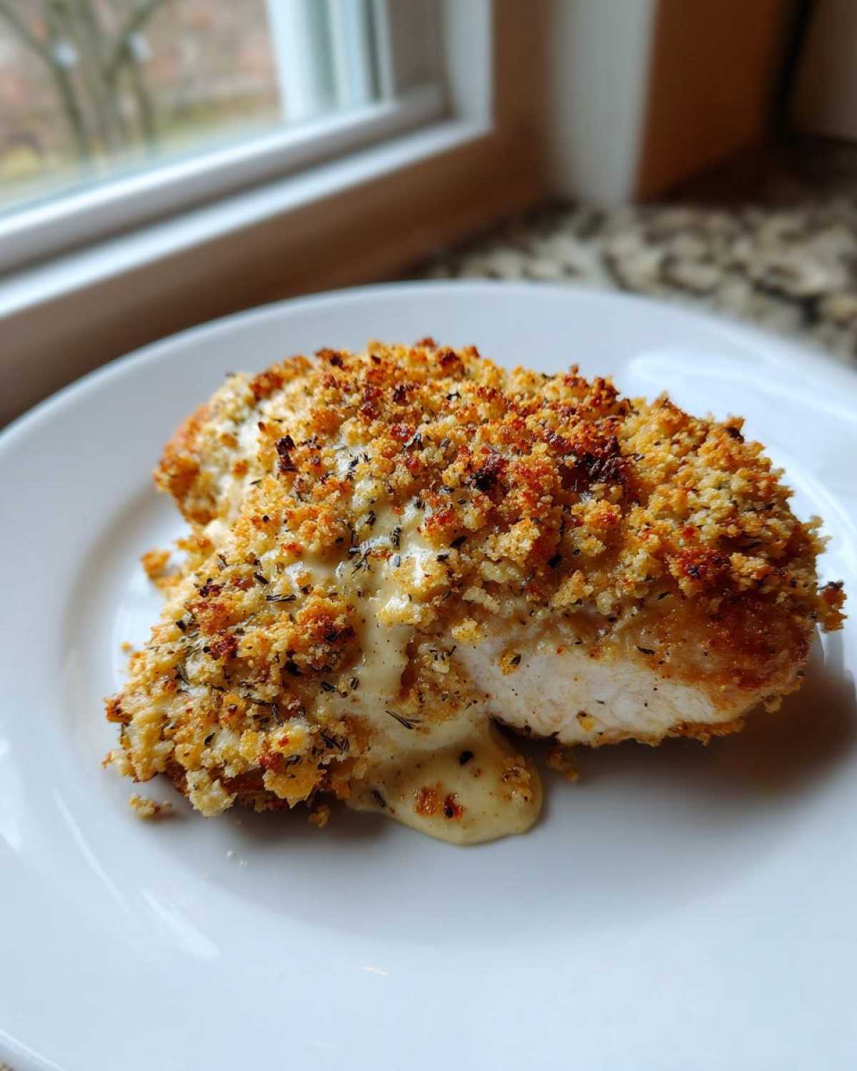 Close-up of a baked caesar chicken breast with a golden, herbed crust and creamy sauce oozing out.