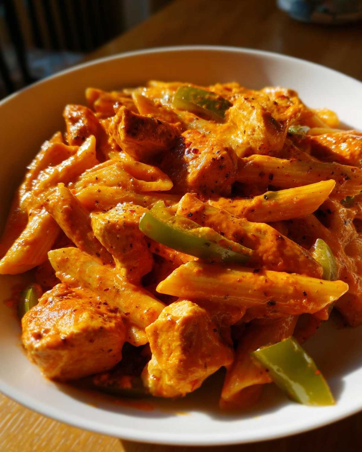 Close-up of creamy, orange-sauced cajun chicken pasta with penne and green bell peppers.
