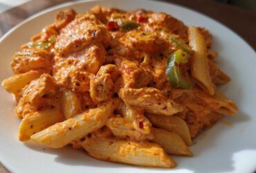 Close-up of creamy Cajun chicken pasta featuring penne noodles, chicken pieces, and green bell peppers.