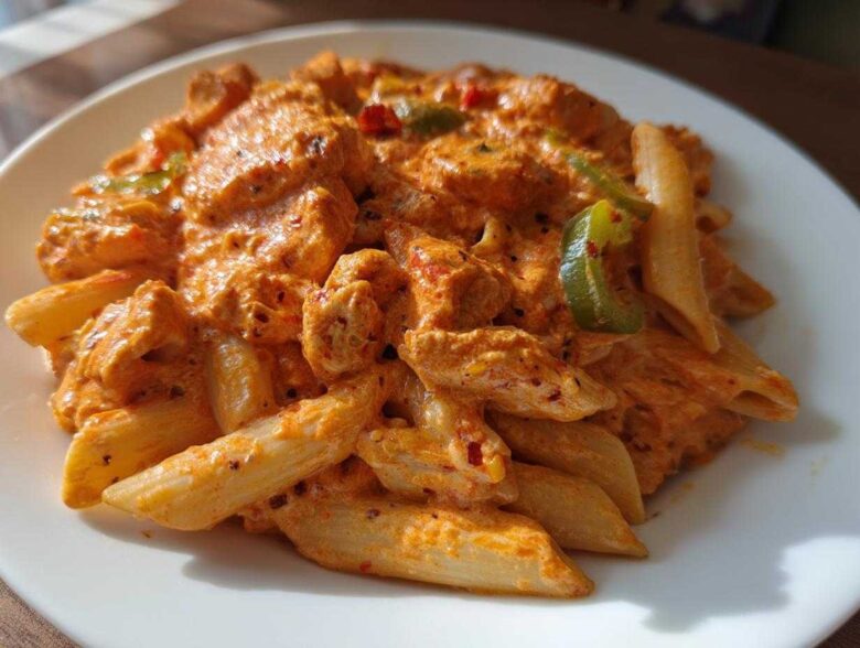 Close-up of creamy Cajun chicken pasta featuring penne noodles, chicken pieces, and green bell peppers.