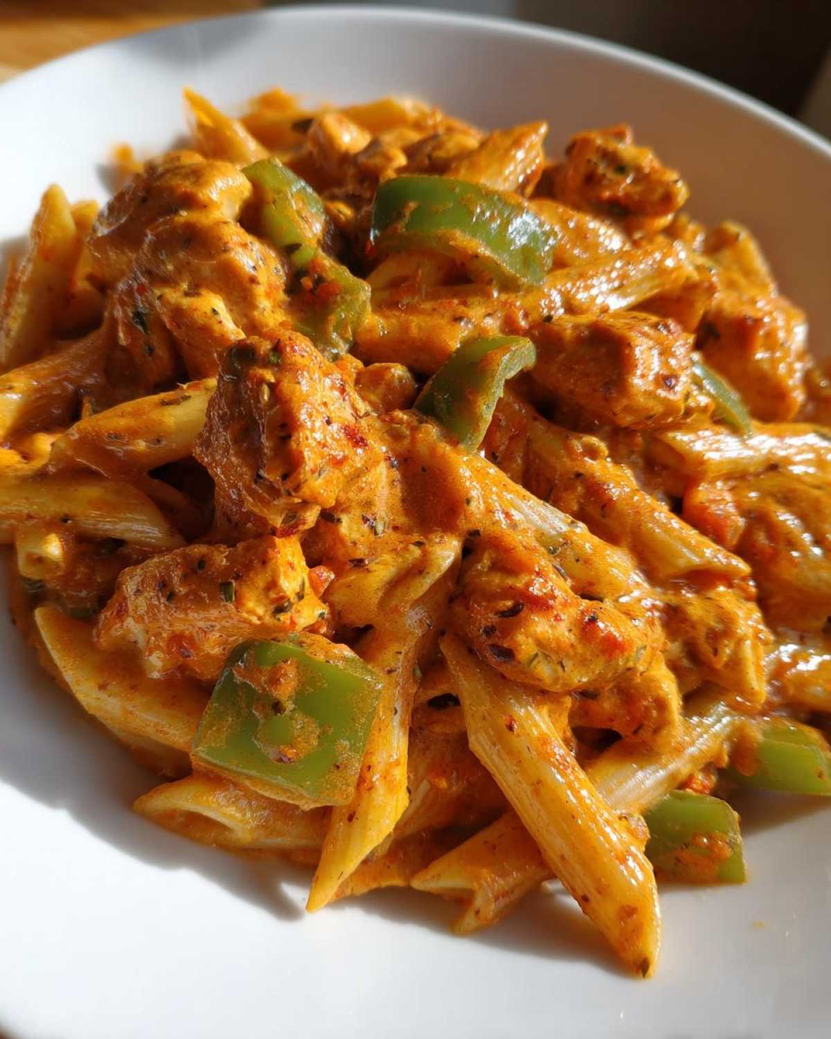 Close-up of creamy Cajun chicken pasta featuring penne, seasoned chicken chunks, and bright green bell peppers.