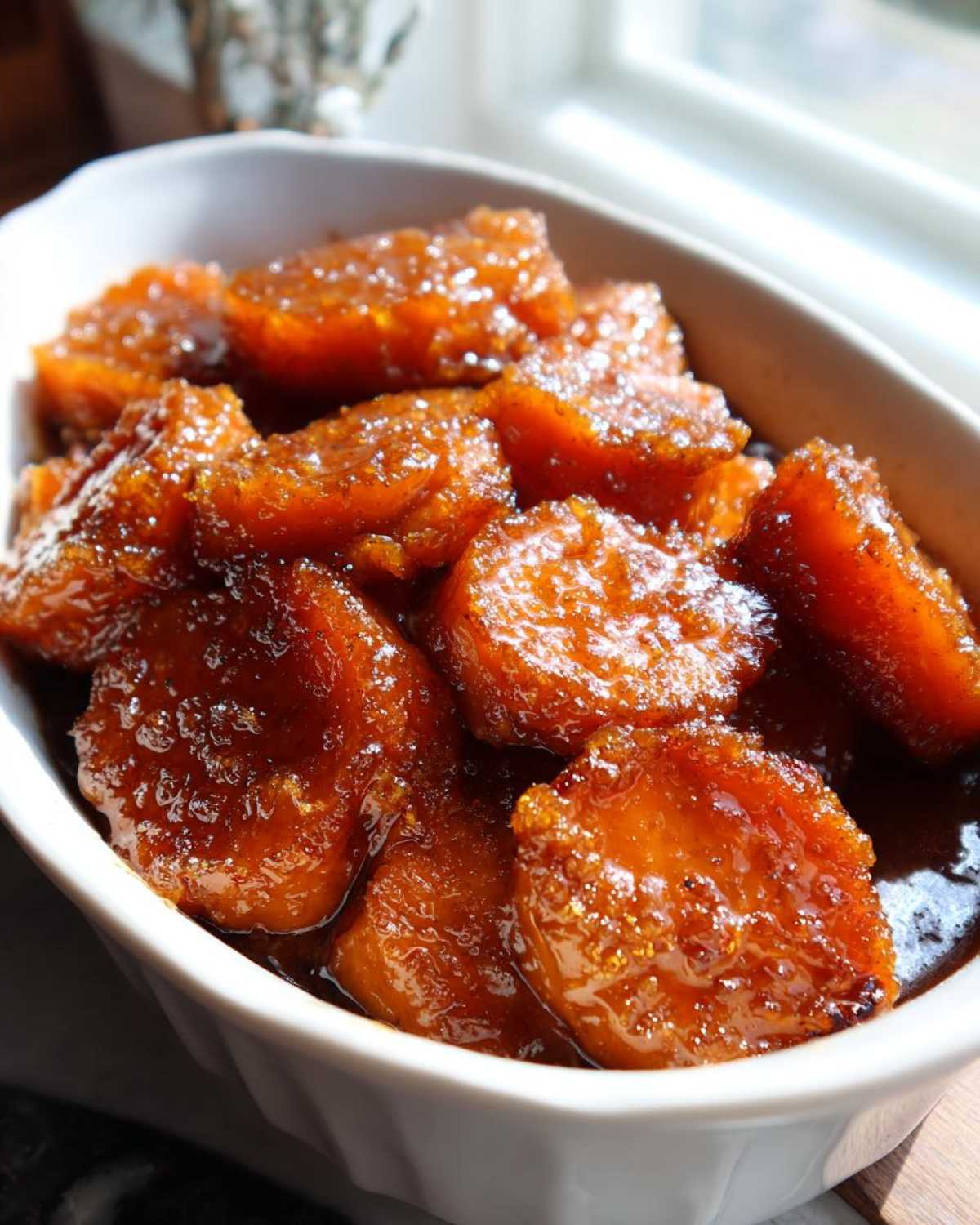 Close-up of thick, glazed slices of candied sweet potatoes soaking in syrup in a white serving dish.