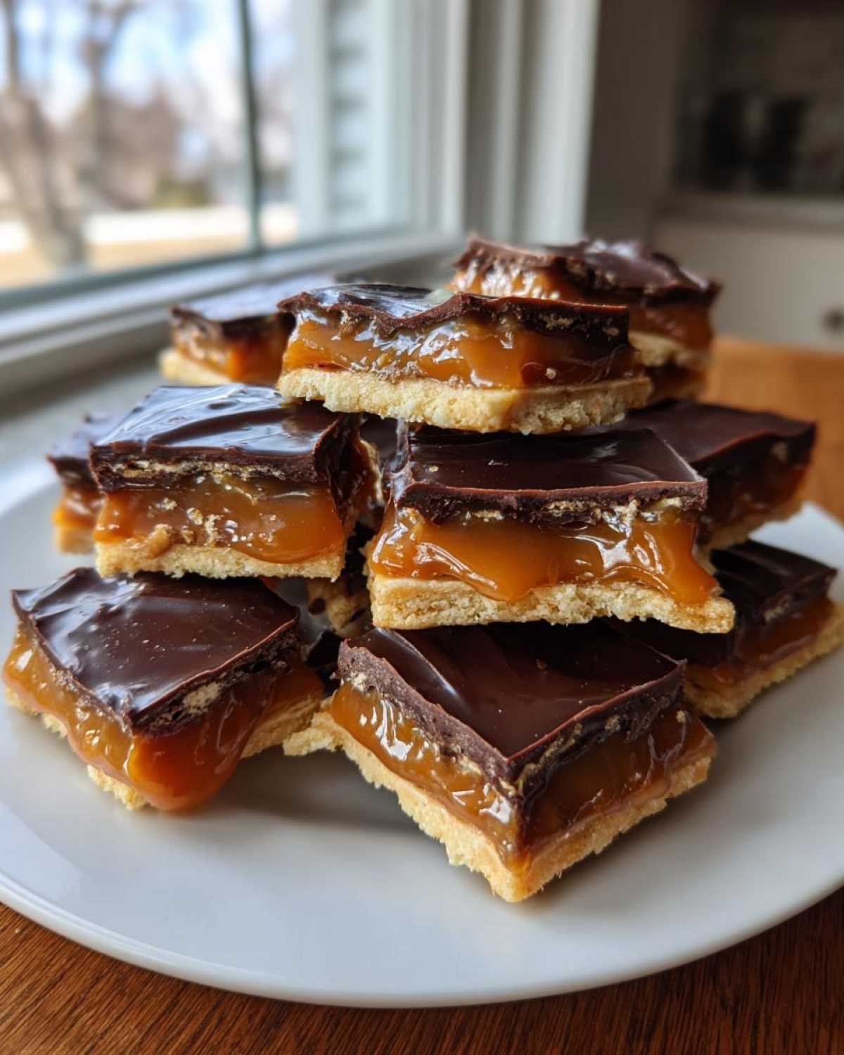 A stack of rich caramel ritz cracker christmas cookies bars with a chocolate topping on a white plate.