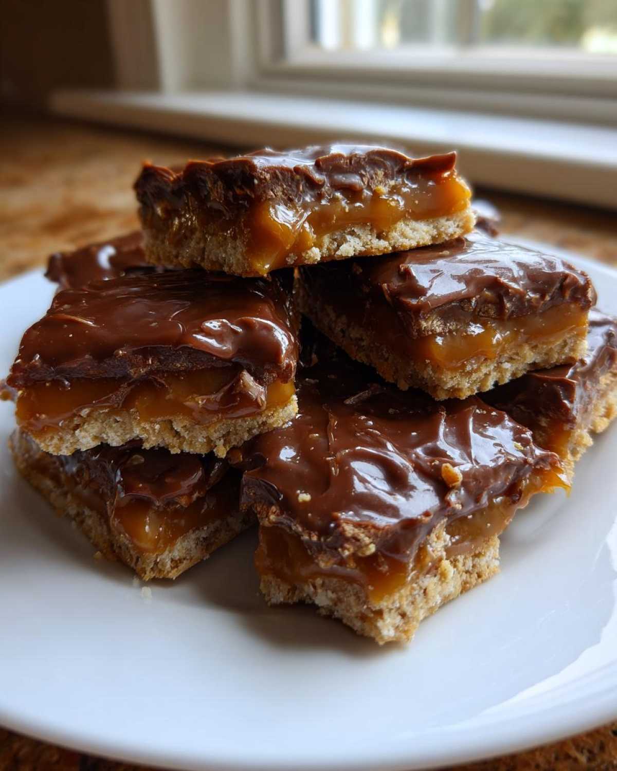 A stack of rich caramel ritz cracker christmas cookies with a thick chocolate topping served on a white plate.