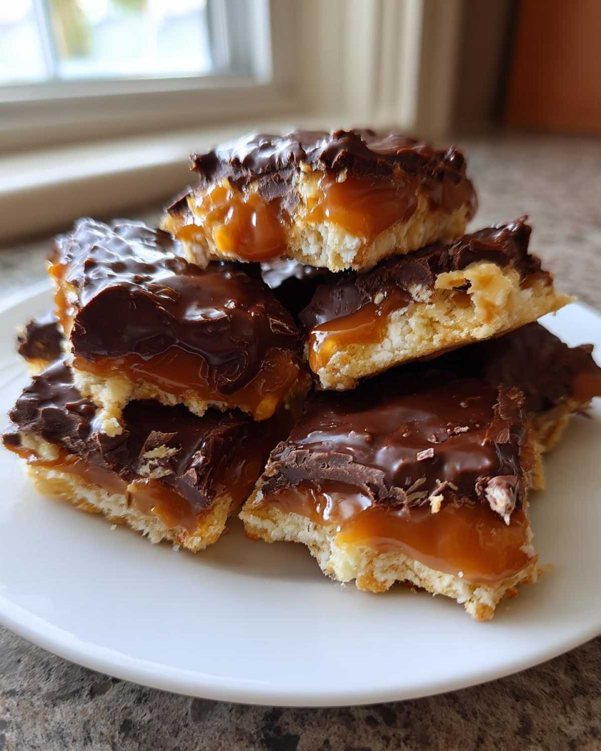 A stack of rich caramel ritz cracker christmas cookies covered in melted chocolate on a white plate.