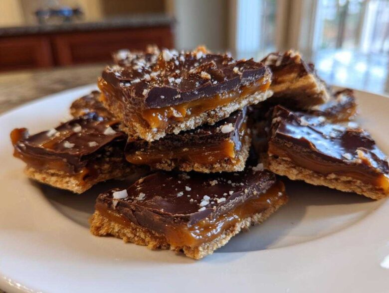 A stack of rich caramel ritz cracker christmas cookies topped with melted chocolate and sea salt.