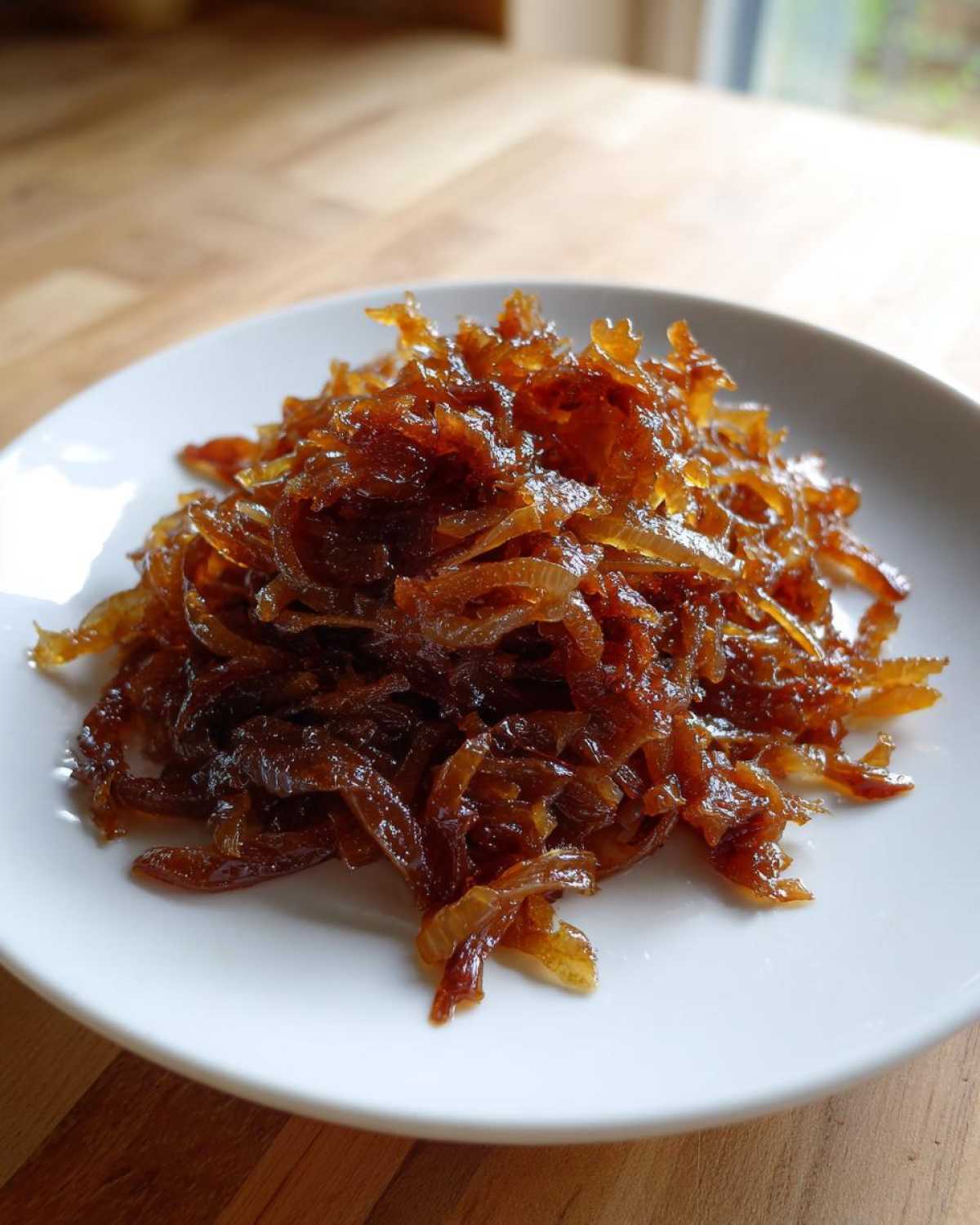 A mound of deeply browned, glossy caramelized onions served on a small white plate.