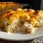 A close-up serving of cheesy chicken and rice casserole topped with melted, browned cheddar cheese.