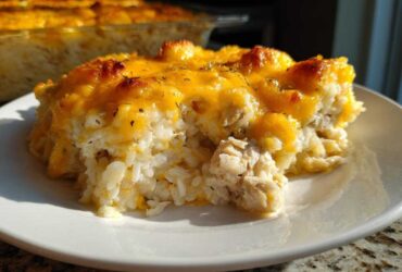 A close-up serving of cheesy chicken and rice casserole topped with melted, browned cheddar cheese.