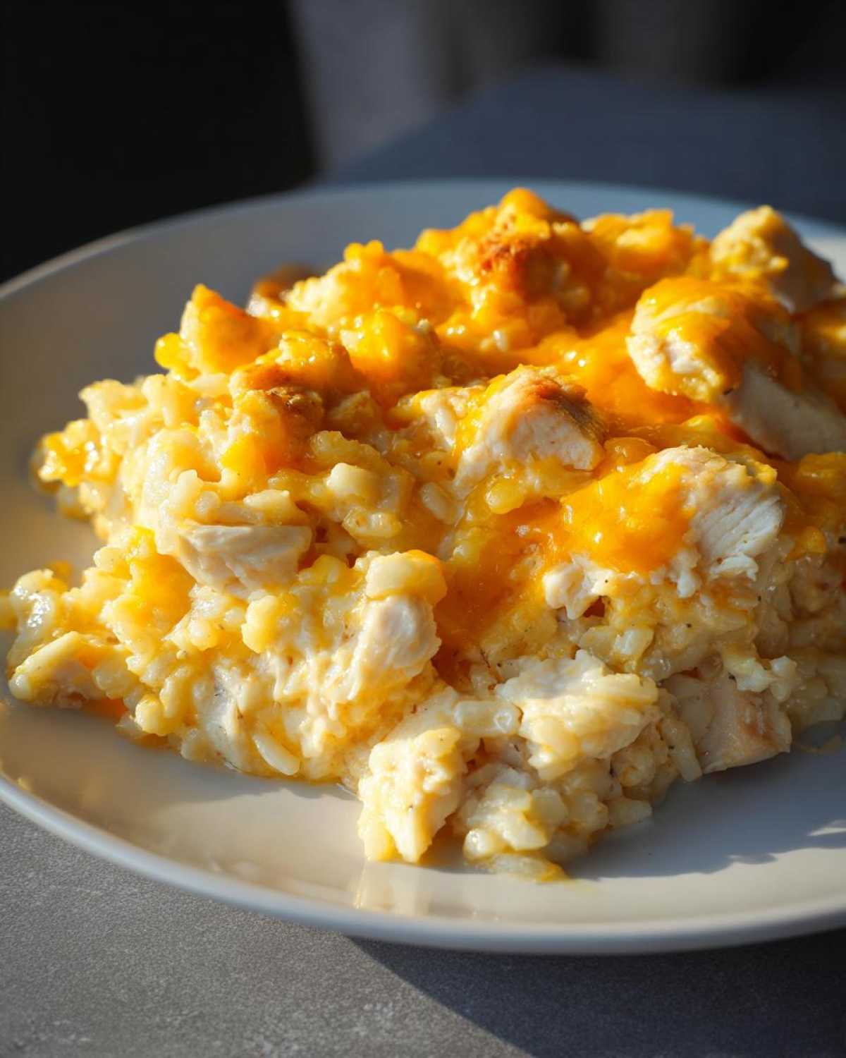 A close-up serving of creamy, cheesy chicken and rice topped with melted cheddar cheese.