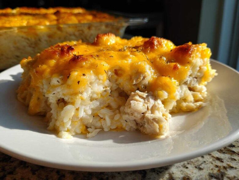A close-up serving of cheesy chicken and rice casserole topped with melted, browned cheddar cheese.