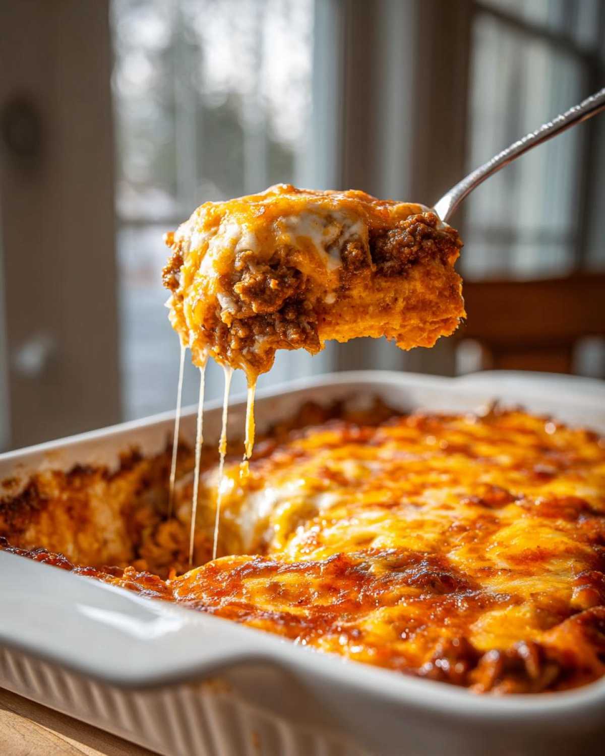 A spoonful of hot Dorito Casserole lifted from the baking dish, showing gooey melted cheese strings.