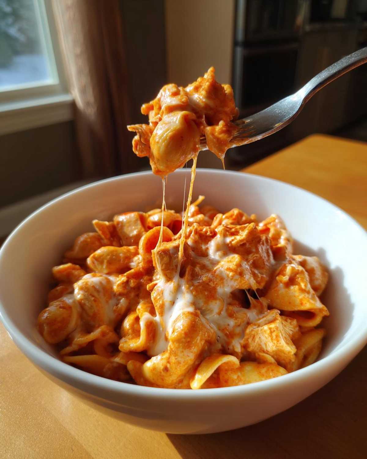 A fork lifts a cheesy bite of creamy, orange enchilada pasta out of a white bowl.