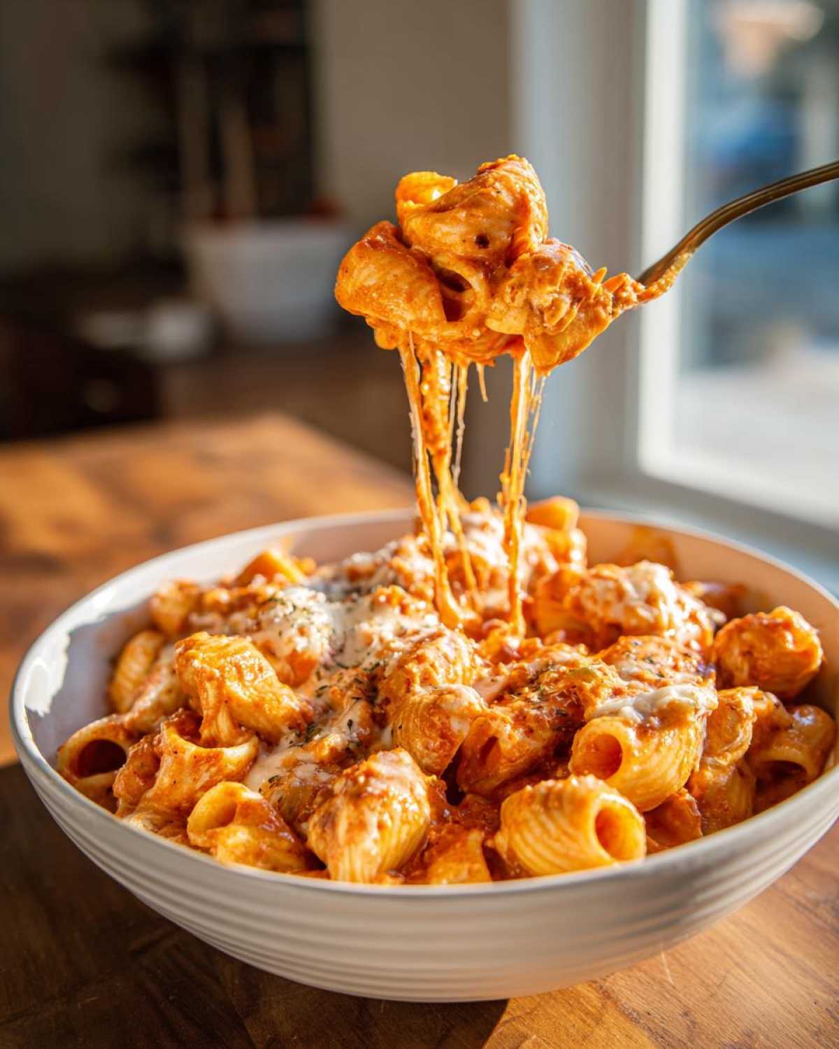 A fork lifts cheesy enchilada pasta out of a white bowl, showing long cheese strings.