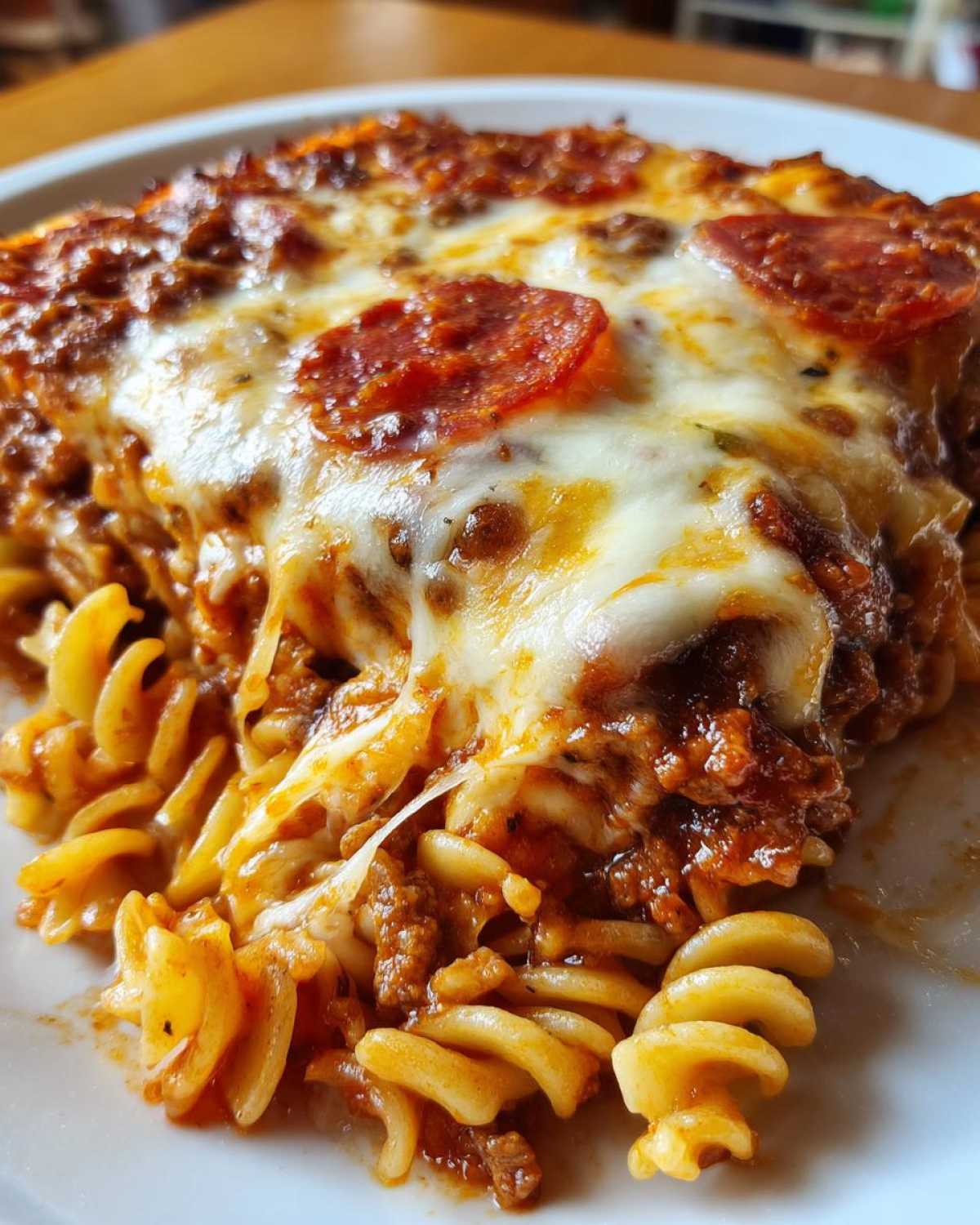 Close-up of a serving of pizza casserole featuring rotini pasta, meat sauce, melted mozzarella, and pepperoni slices.