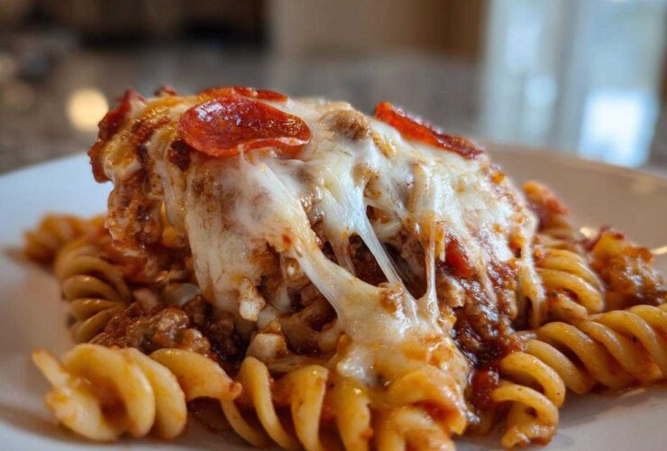 Close-up of a serving of pizza casserole featuring rotini pasta, meat sauce, and melted, stringy mozzarella cheese topped with pepperoni.