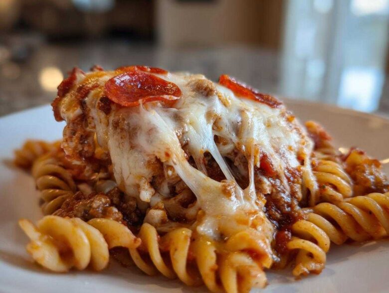 Close-up of a serving of pizza casserole featuring rotini pasta, meat sauce, and melted, stringy mozzarella cheese topped with pepperoni.