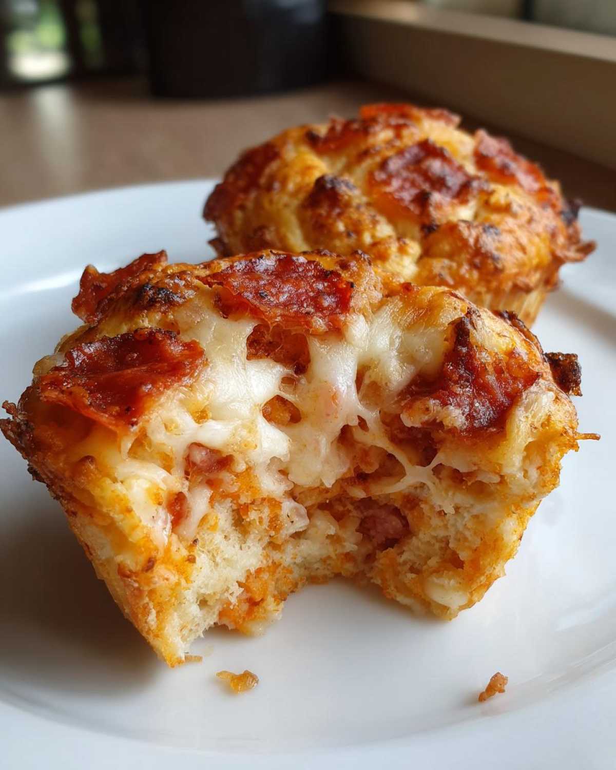 A close-up of a pizza muffin with a bite taken out, showing melted cheese and pepperoni topping. These pizza muffins are perfect for lunches.