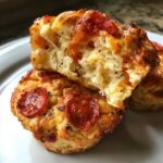 Close-up of two delicious pizza muffins, one broken open showing melted cheese, topped with pepperoni.