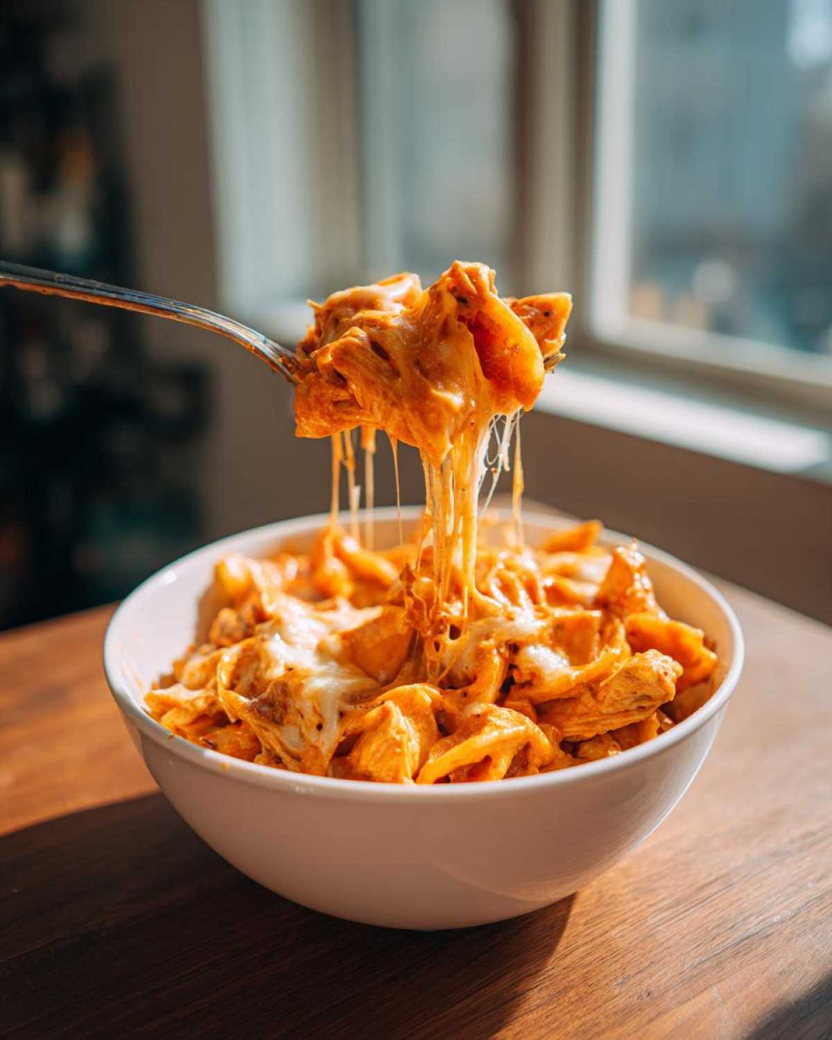 A fork lifts a cheesy bite of creamy enchilada pasta out of a white bowl.