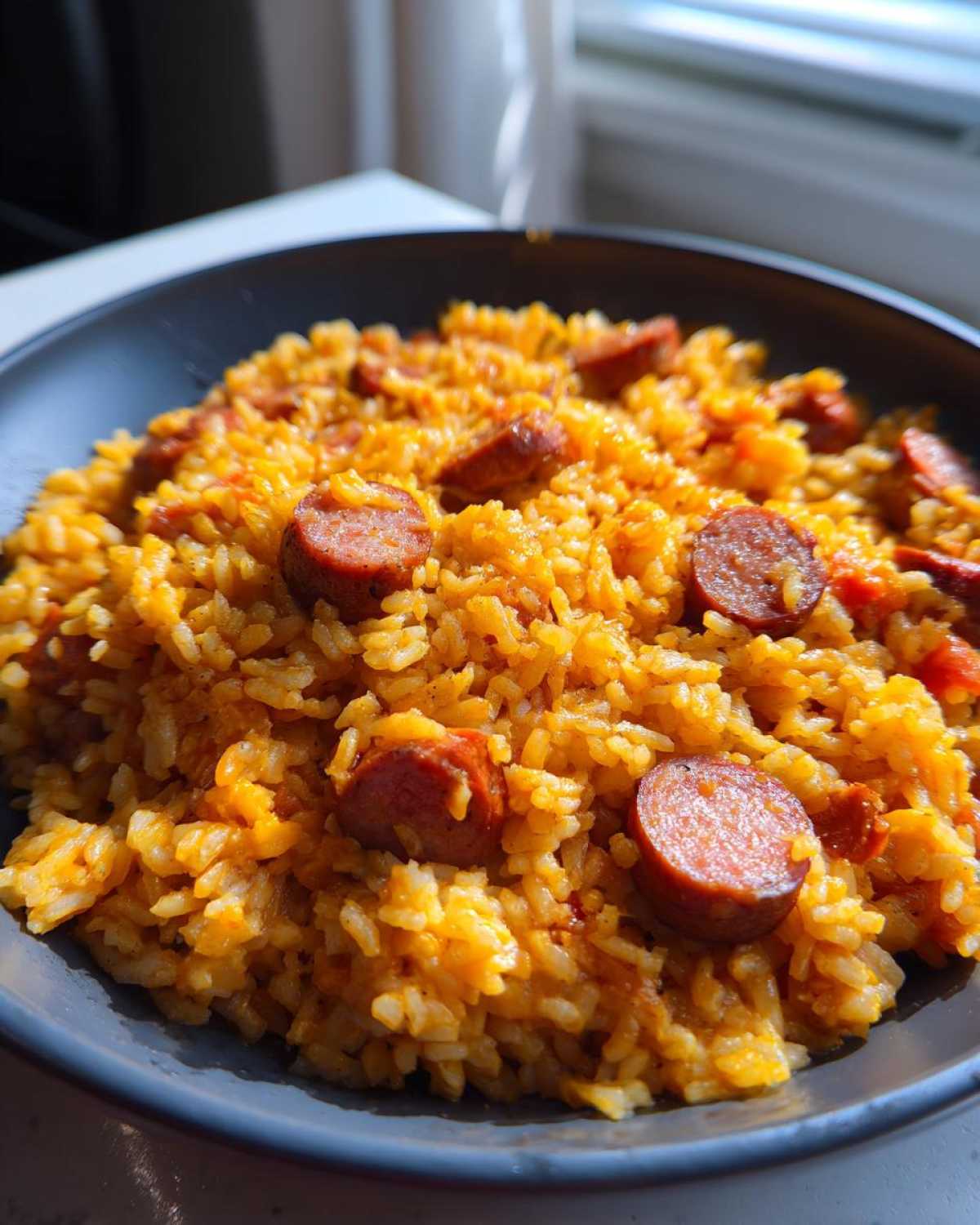 Close-up of a bowl filled with vibrant orange, cheesy sausage and rice mixture, featuring sliced smoked sausage pieces.