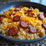 Close-up of cheesy sausage and rice mixture topped with melted cheddar cheese and sliced smoked sausage.