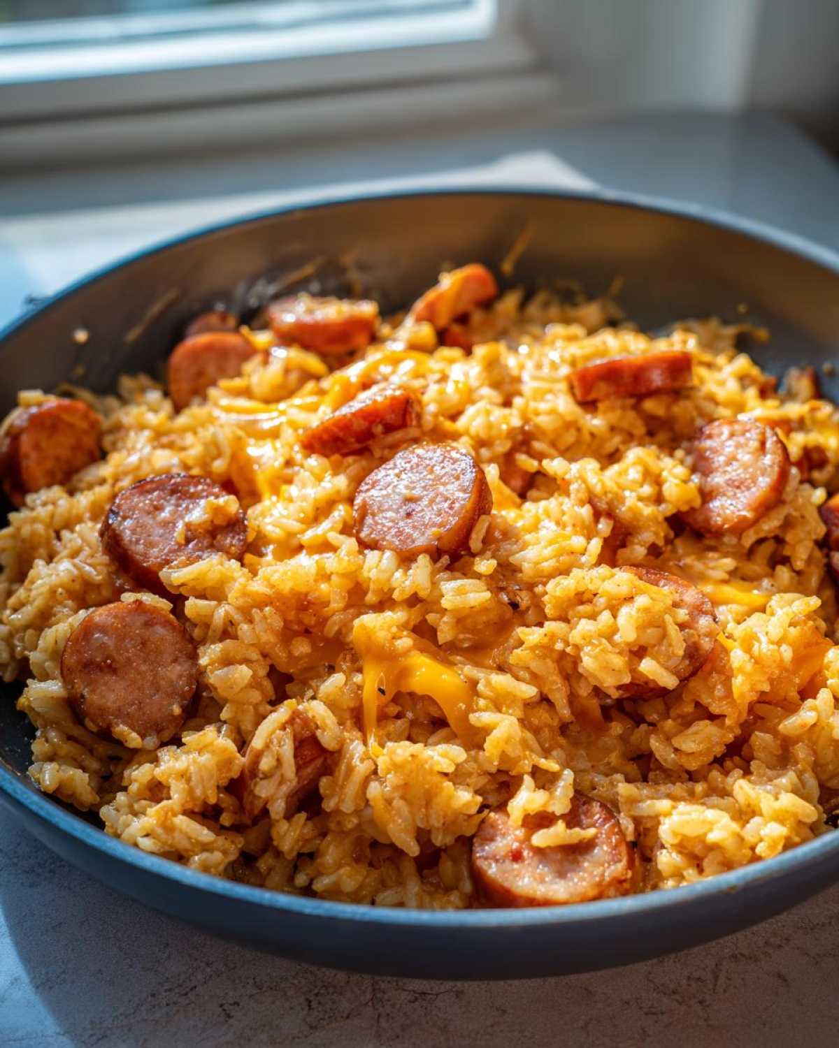 Close-up of cheesy sausage and rice mixed together in a dark skillet, bathed in natural light.