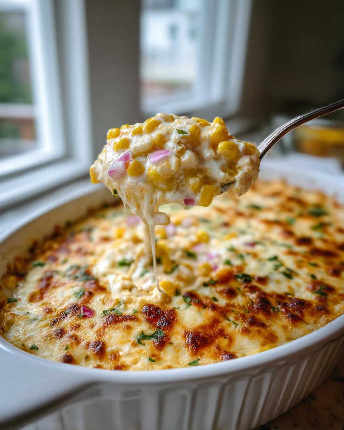 A spoonful of cheesy, creamy street corn dip, featuring corn kernels and red onion, being lifted from a baked casserole dish.