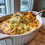 A spoonful of hot, cheesy street corn dip being lifted from a white baking dish, topped with browned cheese and parsley.