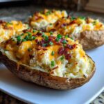A close-up of a perfectly prepared twice baked potato, loaded with mashed potato filling, melted cheddar cheese, bacon bits, and chives.