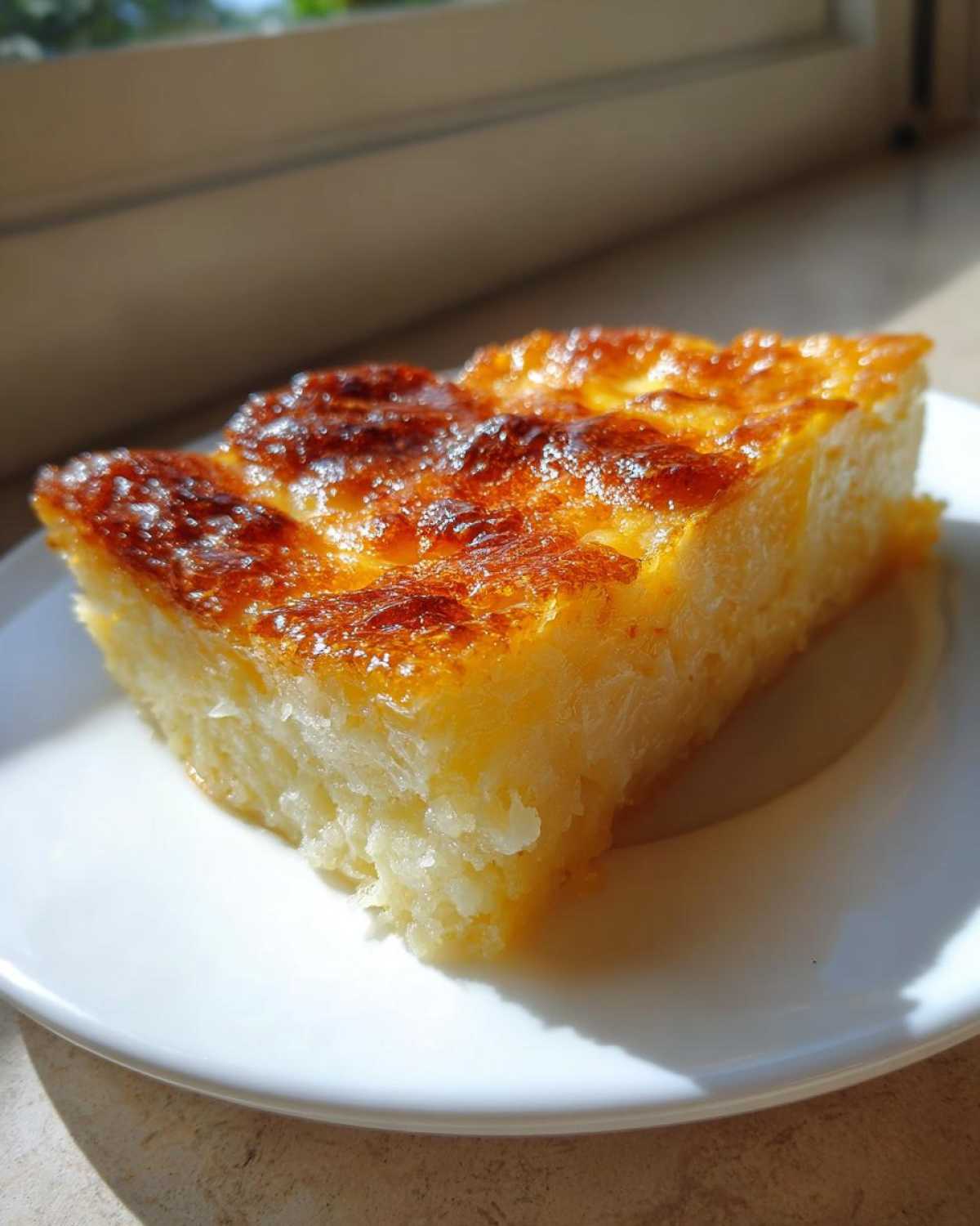 A close-up of a slice of chewy cassava cake with a beautifully caramelized, golden brown top, served on a white plate.