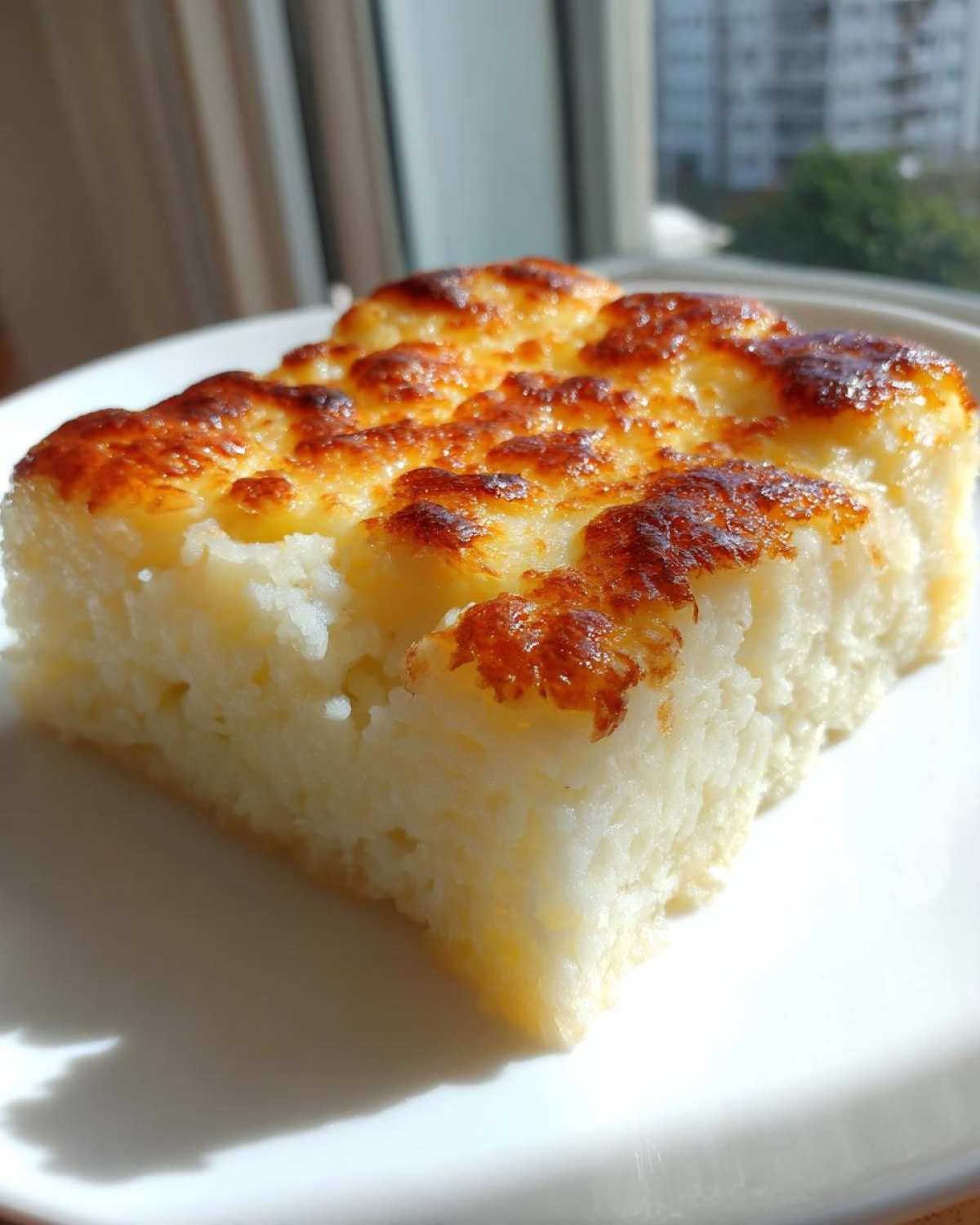 A close-up of a slice of chewy cassava cake with a beautifully browned, caramelized topping.