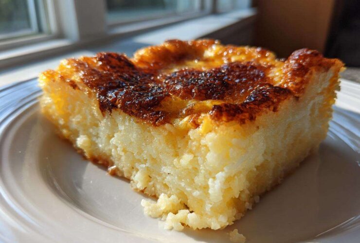 A close-up of a square slice of chewy cassava cake with a beautifully caramelized, dark golden brown top, sitting on a white plate.