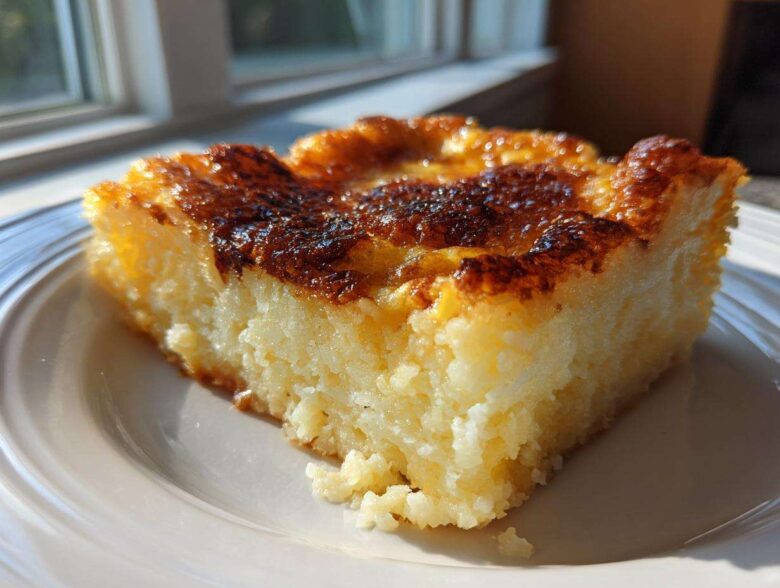 A close-up of a square slice of chewy cassava cake with a beautifully caramelized, dark golden brown top, sitting on a white plate.