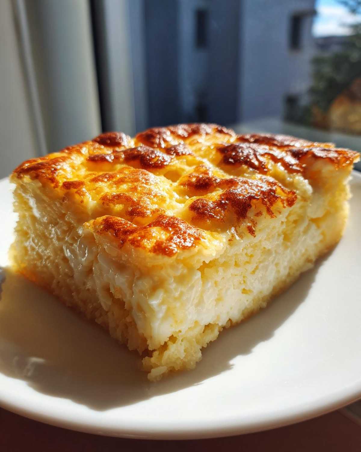 A square slice of chewy cassava cake with a rich, golden-brown, slightly bubbly top, served on a white plate.