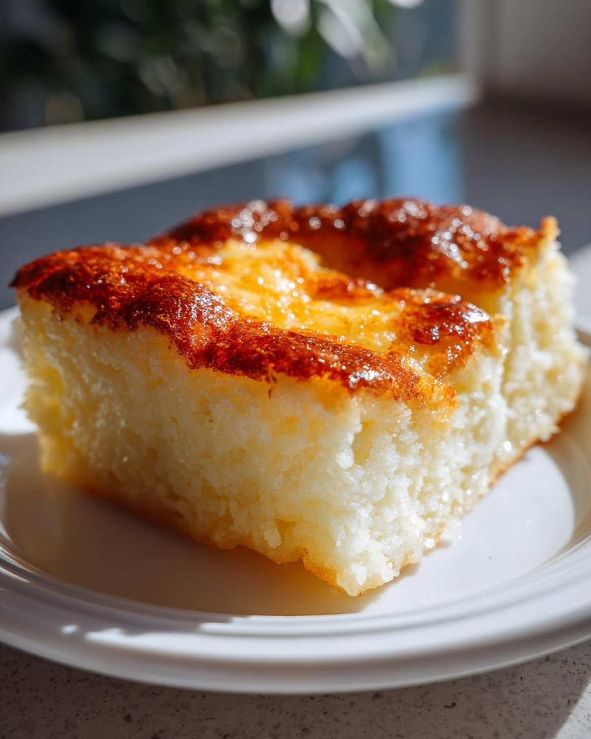 Close-up of a square slice of chewy cassava cake with a glossy, caramelized brown top, served on a white plate.
