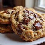 Close-up of several thick, chewy chocolate chip cookies piled on a white plate, featuring melted chocolate chunks.